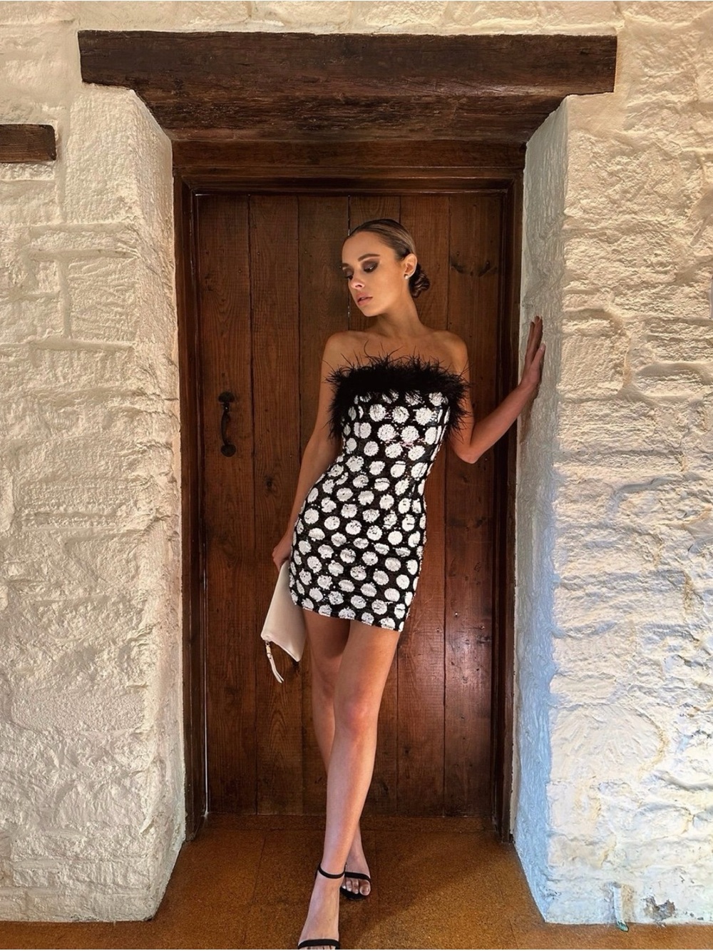 Strapless Black Mini Dress with White Floral Spots and Feather Trim